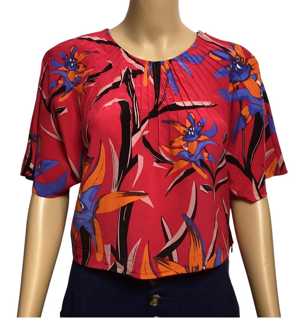 Diane von Furstenberg DVF Silk Floral Pintuck Crop Top Side & Shoulder Zip sz L